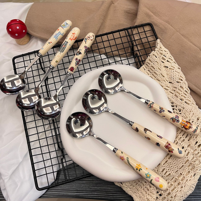 Set žlice i vilice s keramičkom držačem, u stilu Ins, karikatura uzorak, nehrđajući čelik, ogledno poliranje, izlazak 2025