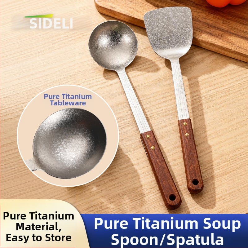 Puhast titaniumi lusikas ja spaatli komplekt roosipuu käepidemega, põletuste vastane disain, kahekohaline kerge köögitarvete komplekt