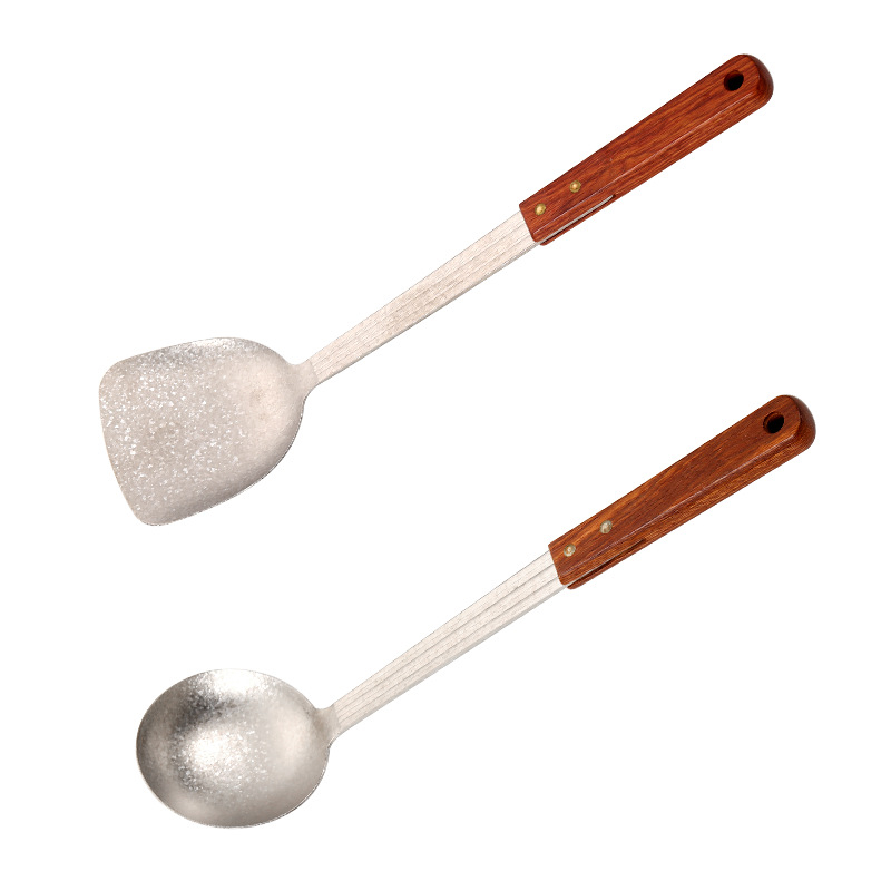 Puhast titaniumi lusikas ja spaatli komplekt roosipuu käepidemega, põletuste vastane disain, kahekohaline kerge köögitarvete komplekt