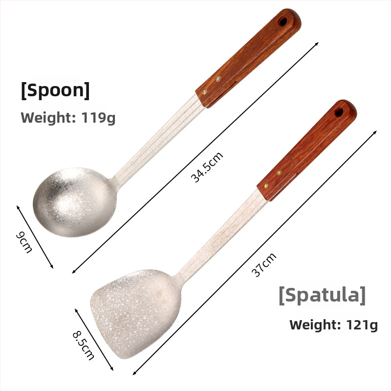 Puhast titaniumi lusikas ja spaatli komplekt roosipuu käepidemega, põletuste vastane disain, kahekohaline kerge köögitarvete komplekt