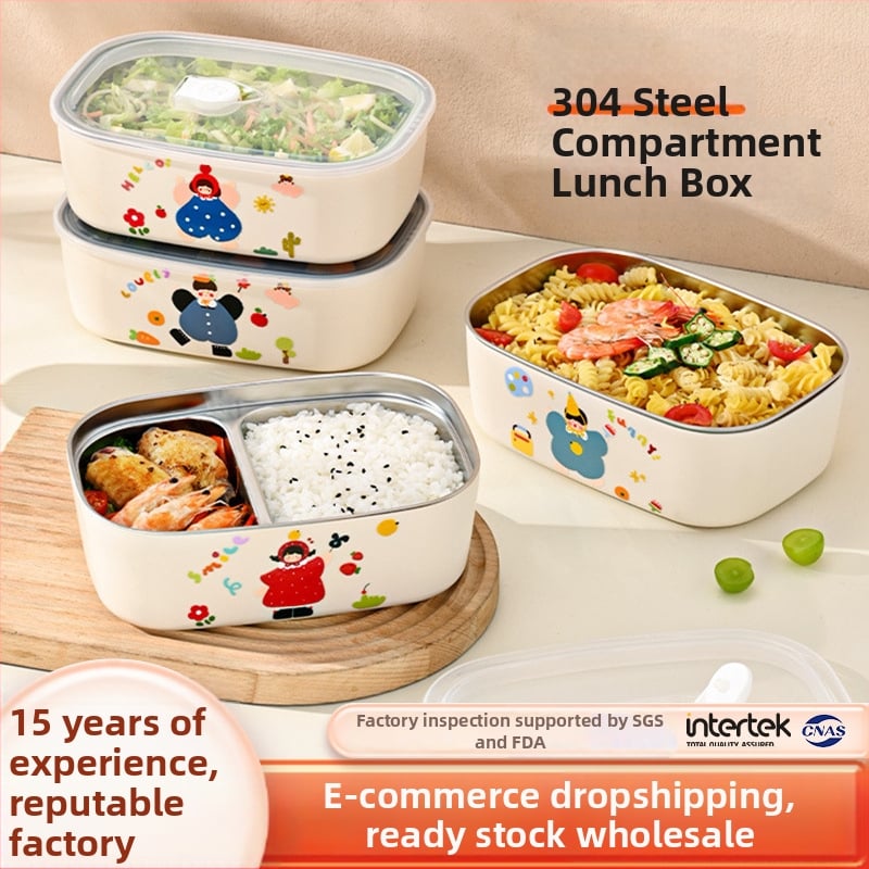 Ланчбокс от 304 неръждаема стомана, изолиран и с отделения, преносим, капацитет 800–1000 ml, за ученици