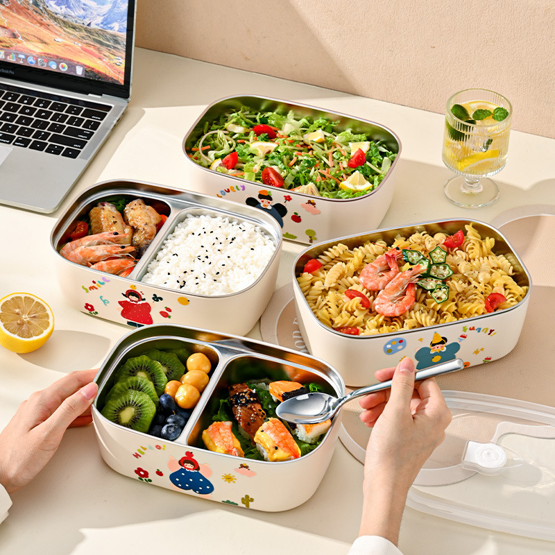 Ланчбокс от 304 неръждаема стомана, изолиран и с отделения, преносим, капацитет 800–1000 ml, за ученици