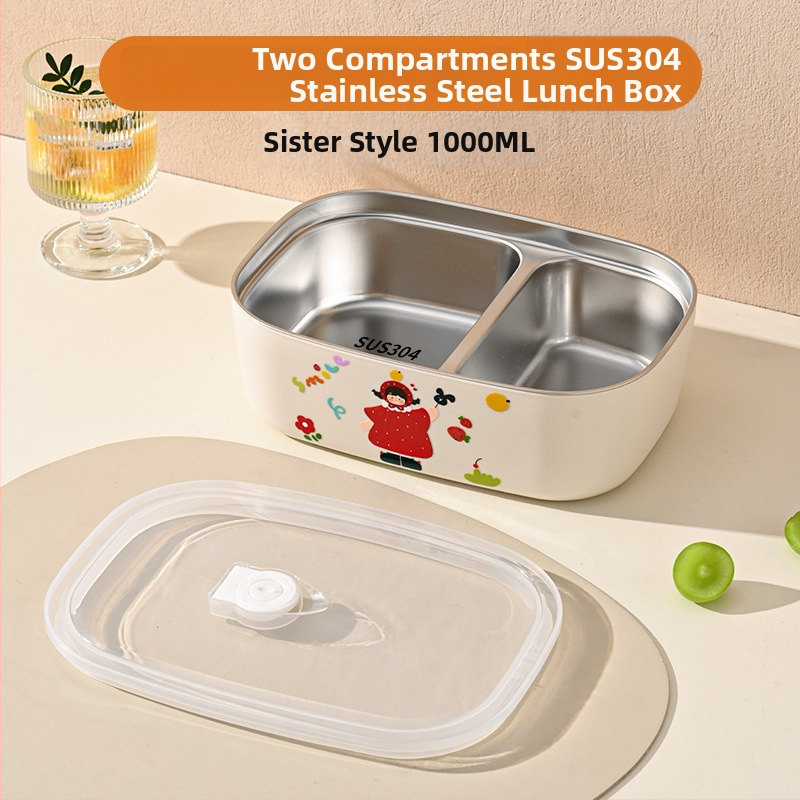 Ланчбокс от 304 неръждаема стомана, изолиран и с отделения, преносим, капацитет 800–1000 ml, за ученици