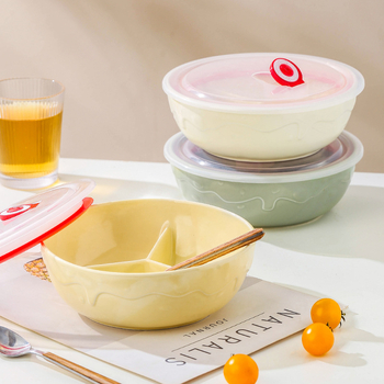 Керамичен ланч-бокс с три отделения и капак, подходящ за микровълнова, кръгъл дизайн (за едно хранене, микровълнова безопасност, кръгла форма)