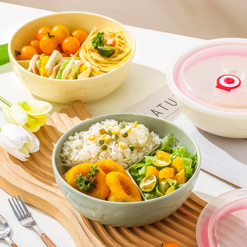 Керамичен ланч-бокс с три отделения и капак, подходящ за микровълнова, кръгъл дизайн (за едно хранене, микровълнова безопасност, кръгла форма)