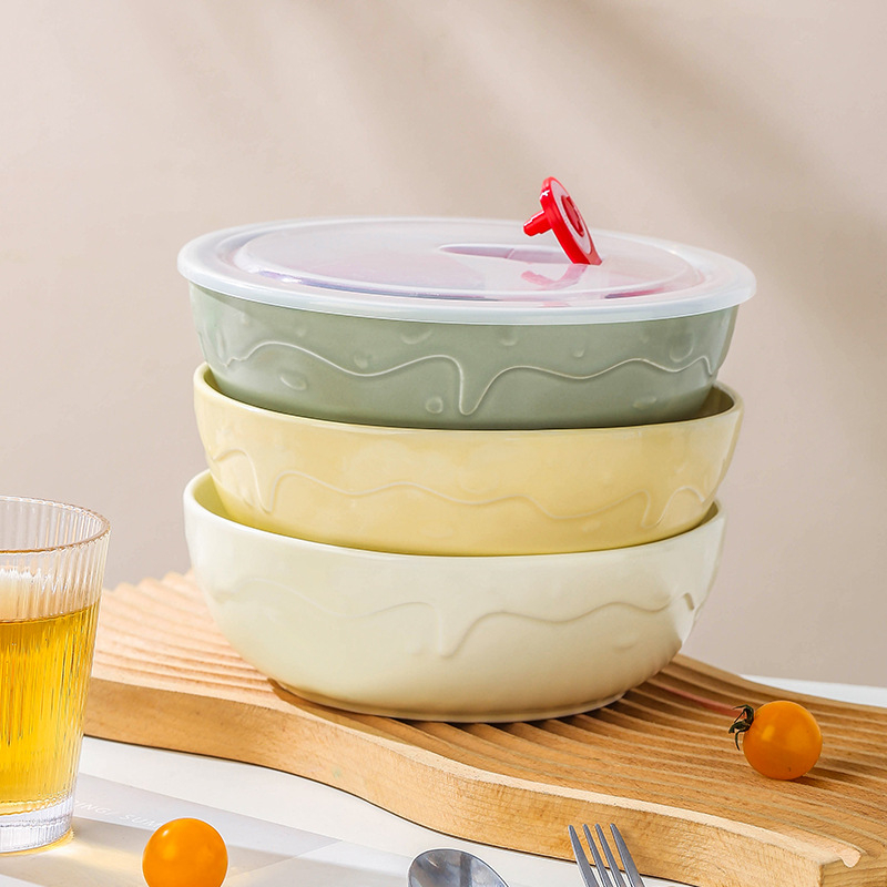 Керамичен ланч-бокс с три отделения и капак, подходящ за микровълнова, кръгъл дизайн (за едно хранене, микровълнова безопасност, кръгла форма)