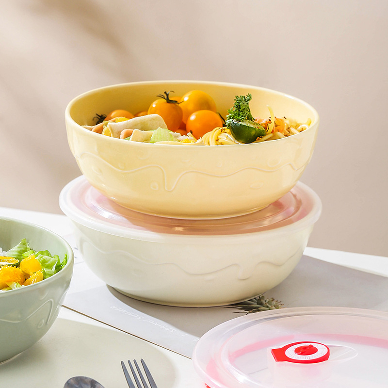 Керамичен ланч-бокс с три отделения и капак, подходящ за микровълнова, кръгъл дизайн (за едно хранене, микровълнова безопасност, кръгла форма)