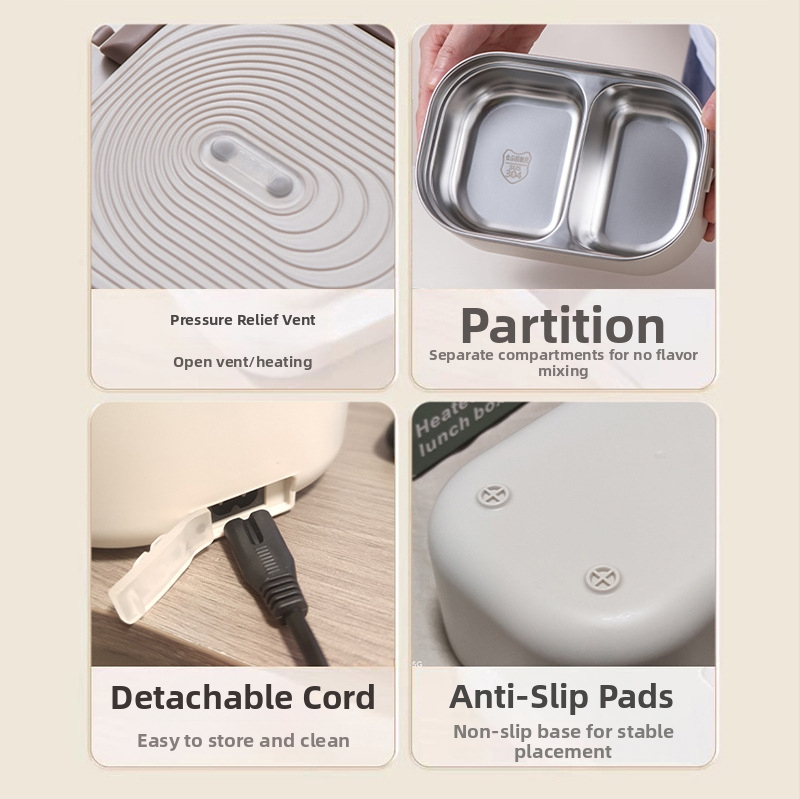 Elektrická obedová krabička s ohrevom bez vody, 1–2 porcie, 220V, 50W; vnútorný zásobník z nehrdzavejúcej ocele 304, plastové puzdro