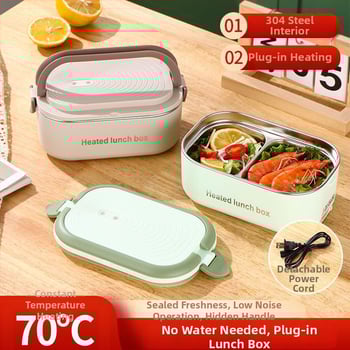 Cutie de prânz electrică portabilă cu încălzire fără apă, capacitate 1.1–1.2 L, 18 W, 220 V, vas interior din oțel inoxidabil 304, izolație cu două straturi
