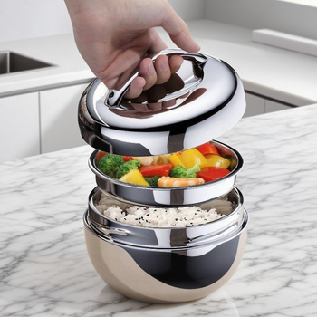 Двуслойна кутия за обяд от неръждаема стомана с капак, във форма на ябълка, изолирана, капацитет 1–2 л