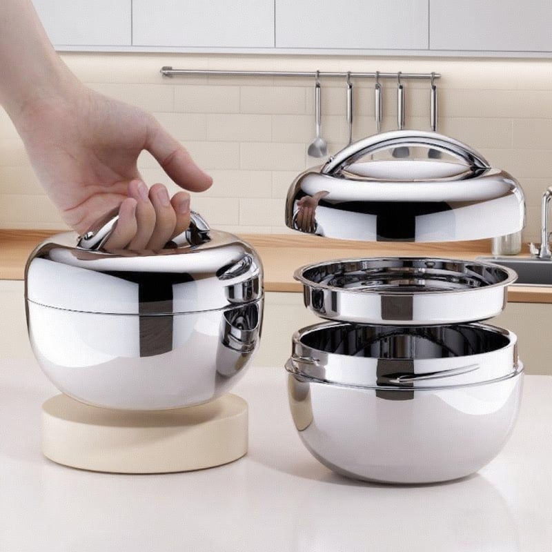 Двуслойна кутия за обяд от неръждаема стомана с капак, във форма на ябълка, изолирана, капацитет 1–2 л