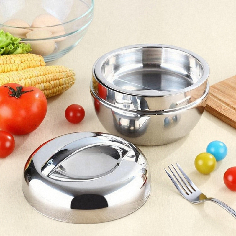 Двуслойна кутия за обяд от неръждаема стомана с капак, във форма на ябълка, изолирана, капацитет 1–2 л