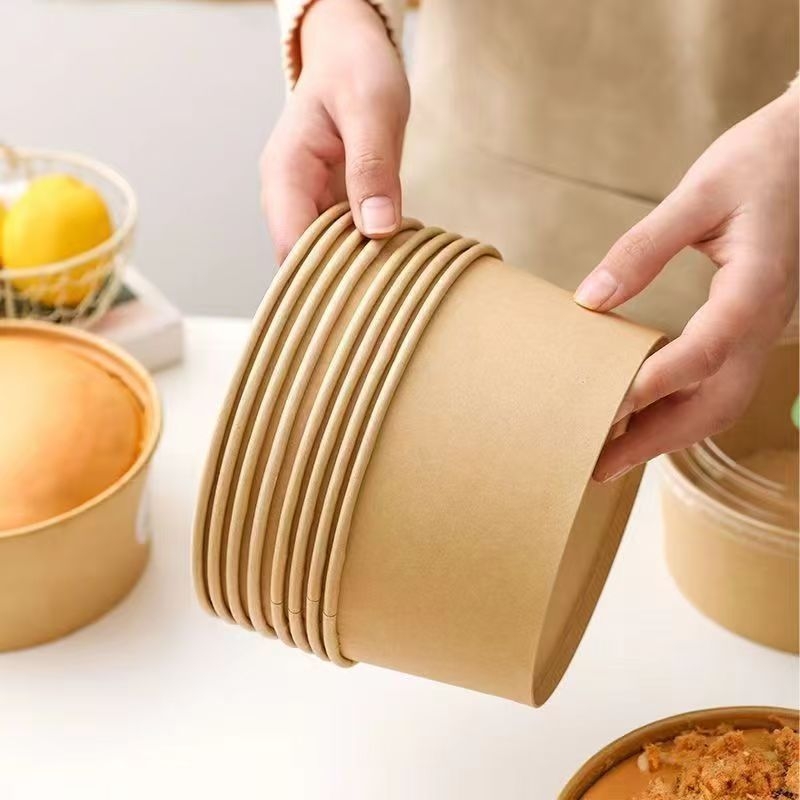 Еднократна кръгла крафт-хартия кутия с капак – хранителен клас, термоустойчива