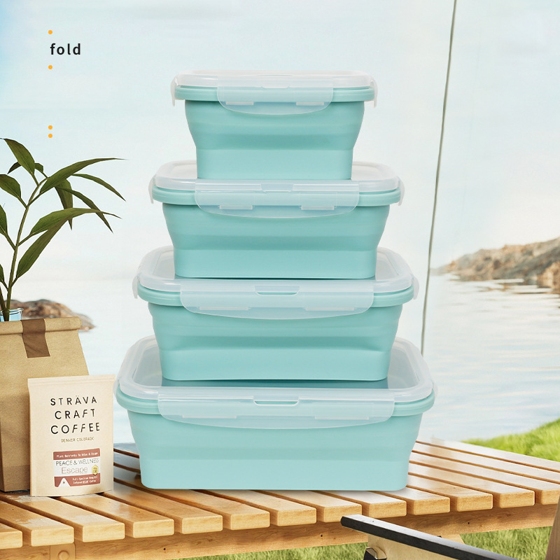Силиконова кутия за обяд, преносим сгъваем дизайн, обем 800–1000 ml, подходяща за микровълнова, може да се подрежда