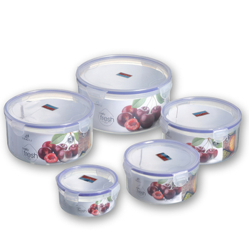 Кръгла прозрачна пластмасова кутия за свежо съхранение на плодове и зеленчуци, подходяща за микровълнова и хладилник.