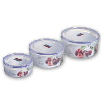 Кръгла прозрачна пластмасова кутия за свежо съхранение на плодове и зеленчуци, подходяща за микровълнова и хладилник.