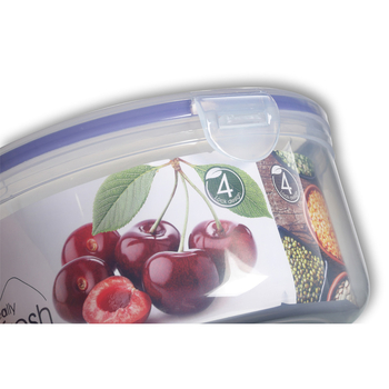Кръгла прозрачна пластмасова кутия за свежо съхранение на плодове и зеленчуци, подходяща за микровълнова и хладилник.