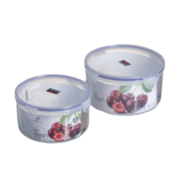 Кръгла прозрачна пластмасова кутия за свежо съхранение на плодове и зеленчуци, подходяща за микровълнова и хладилник.