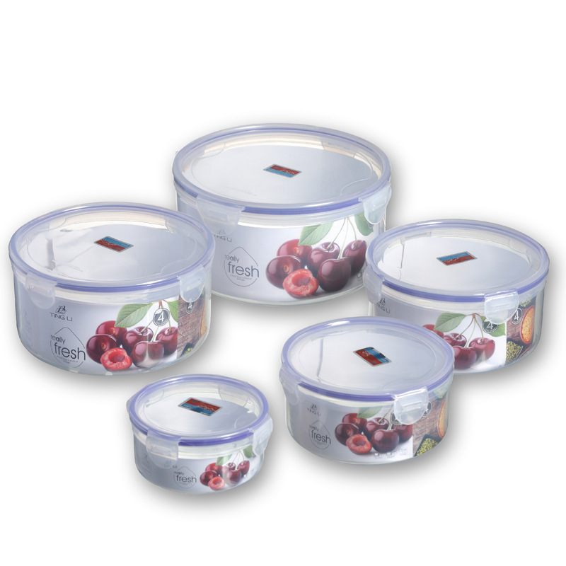 Кръгла прозрачна пластмасова кутия за свежо съхранение на плодове и зеленчуци, подходяща за микровълнова и хладилник.
