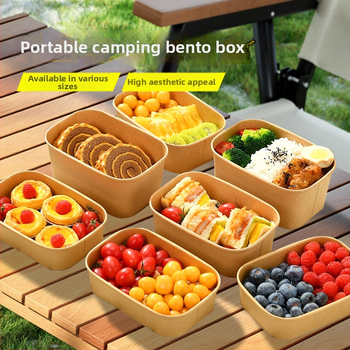 Jednorázová štvorcová krabica na donášku z kraft papiera so nepriepustnou papierovou misou, určená pre kempovanie a pikniky; nie je vhodná do mikrovlnky; vhodná pre bentó jedlá.