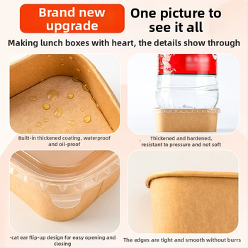 Jednorázová štvorcová krabica na donášku z kraft papiera so nepriepustnou papierovou misou, určená pre kempovanie a pikniky; nie je vhodná do mikrovlnky; vhodná pre bentó jedlá.