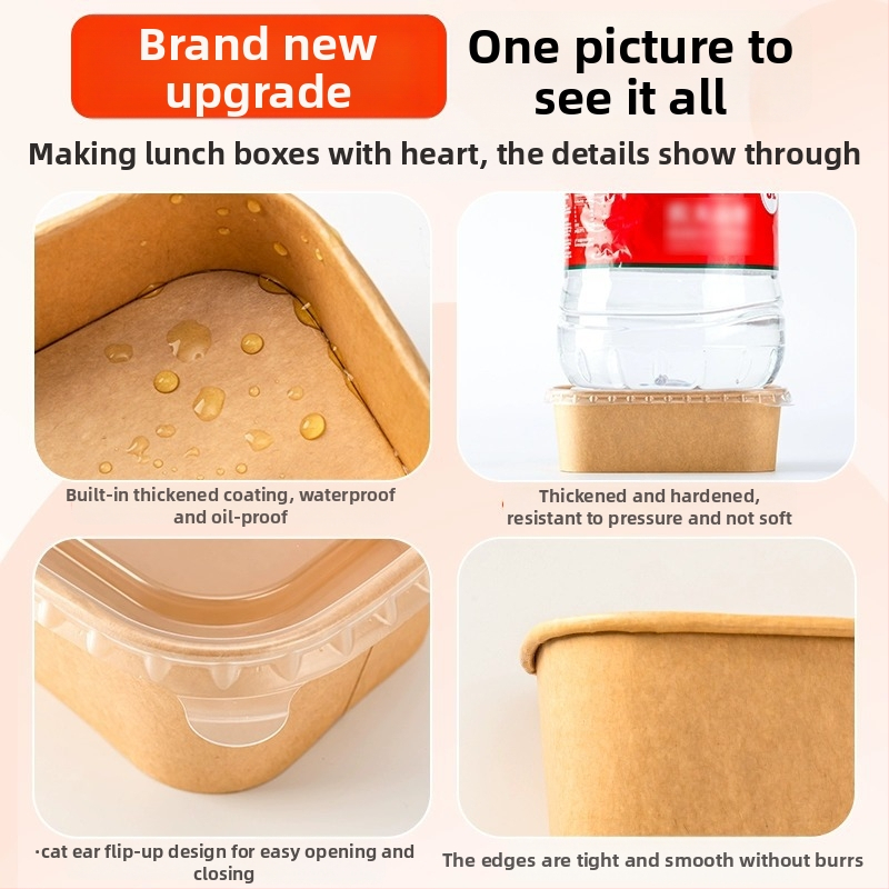 Jednorázová štvorcová krabica na donášku z kraft papiera so nepriepustnou papierovou misou, určená pre kempovanie a pikniky; nie je vhodná do mikrovlnky; vhodná pre bentó jedlá.