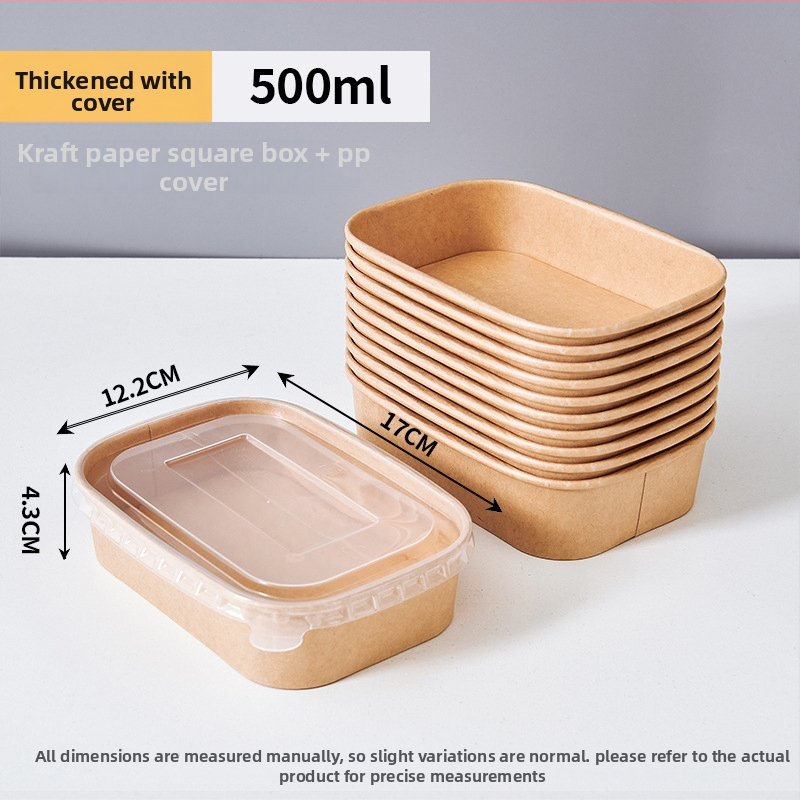Jednorázová štvorcová krabica na donášku z kraft papiera so nepriepustnou papierovou misou, určená pre kempovanie a pikniky; nie je vhodná do mikrovlnky; vhodná pre bentó jedlá.