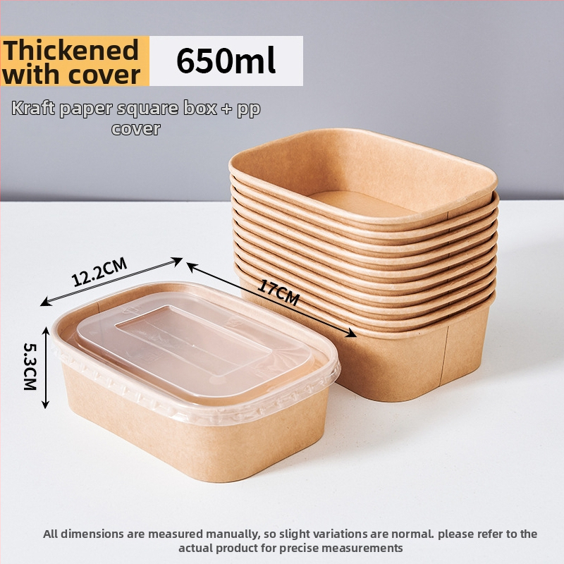 Jednorázová štvorcová krabica na donášku z kraft papiera so nepriepustnou papierovou misou, určená pre kempovanie a pikniky; nie je vhodná do mikrovlnky; vhodná pre bentó jedlá.