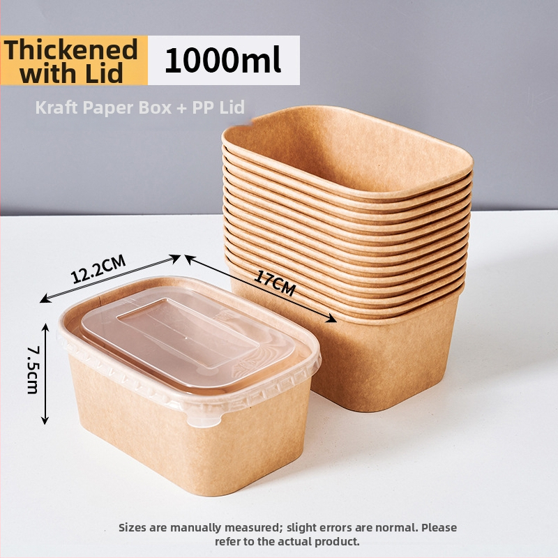Jednorázová štvorcová krabica na donášku z kraft papiera so nepriepustnou papierovou misou, určená pre kempovanie a pikniky; nie je vhodná do mikrovlnky; vhodná pre bentó jedlá.