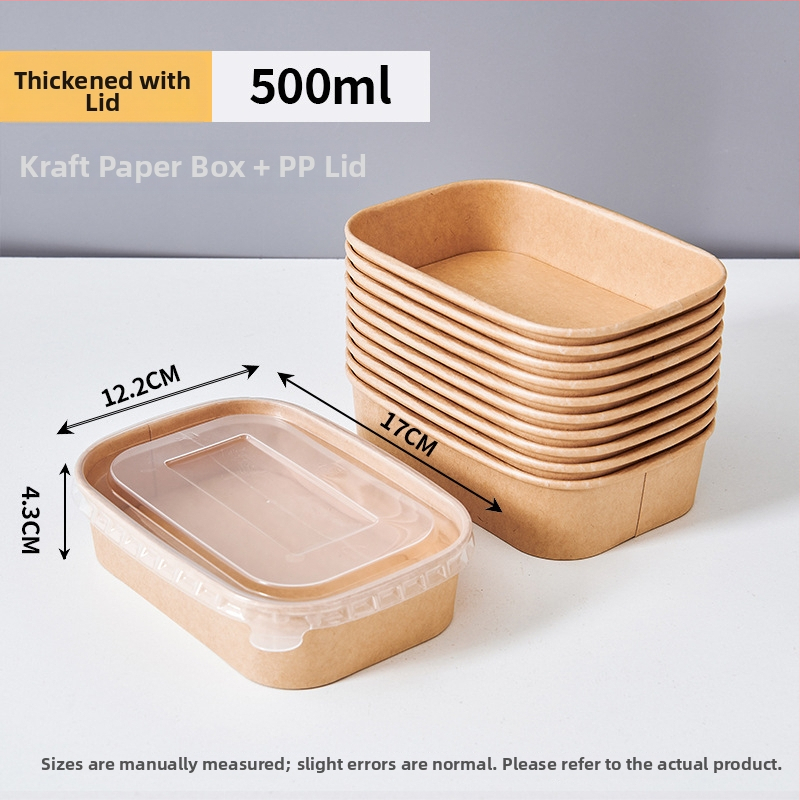 Jednorázová štvorcová krabica na donášku z kraft papiera so nepriepustnou papierovou misou, určená pre kempovanie a pikniky; nie je vhodná do mikrovlnky; vhodná pre bentó jedlá.