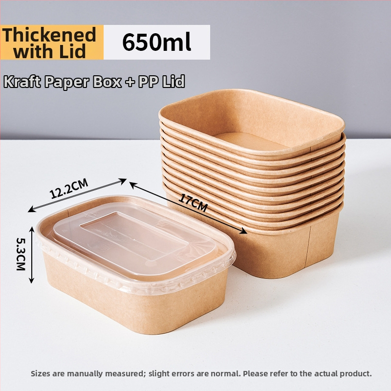 Jednorázová štvorcová krabica na donášku z kraft papiera so nepriepustnou papierovou misou, určená pre kempovanie a pikniky; nie je vhodná do mikrovlnky; vhodná pre bentó jedlá.