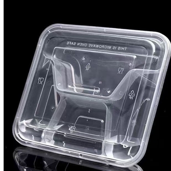 Еднократна кутия за обяд с 4 отделения — правоъгълна, PP; марка Jiajia hengmei; произход Хуайан, Анхуи; опаковка 150 комплекта