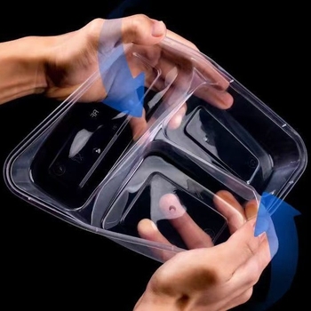 Еднократна кутия за обяд с 4 отделения — правоъгълна, PP; марка Jiajia hengmei; произход Хуайан, Анхуи; опаковка 150 комплекта