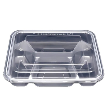 Еднократна кутия за обяд с 4 отделения — правоъгълна, PP; марка Jiajia hengmei; произход Хуайан, Анхуи; опаковка 150 комплекта