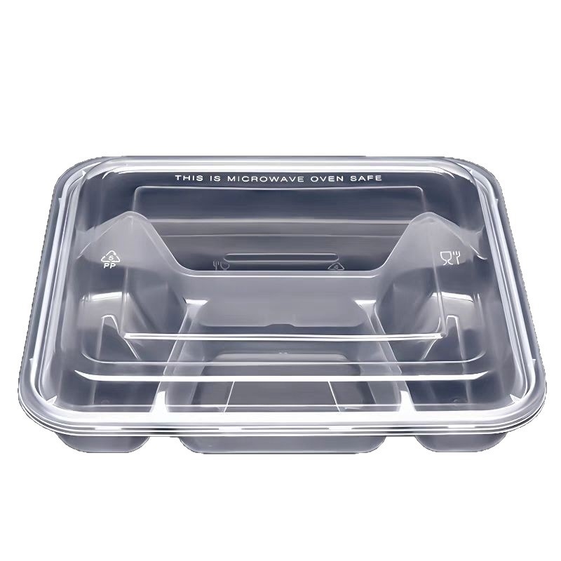 Еднократна кутия за обяд с 4 отделения — правоъгълна, PP; марка Jiajia hengmei; произход Хуайан, Анхуи; опаковка 150 комплекта