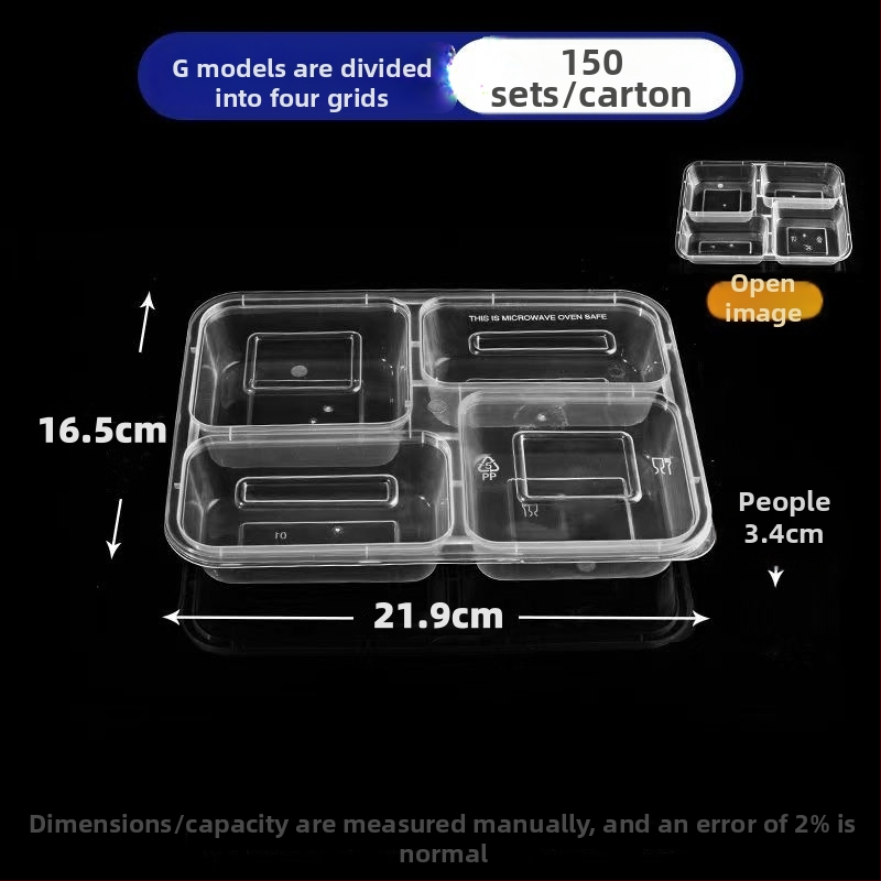 Jednorazová dóza na obed s 4 priehradkami, obdĺžniková šálka donáška, PP materiál, značka Jiajia hengmei, pôvod Huaian, Anhui, 150 balení