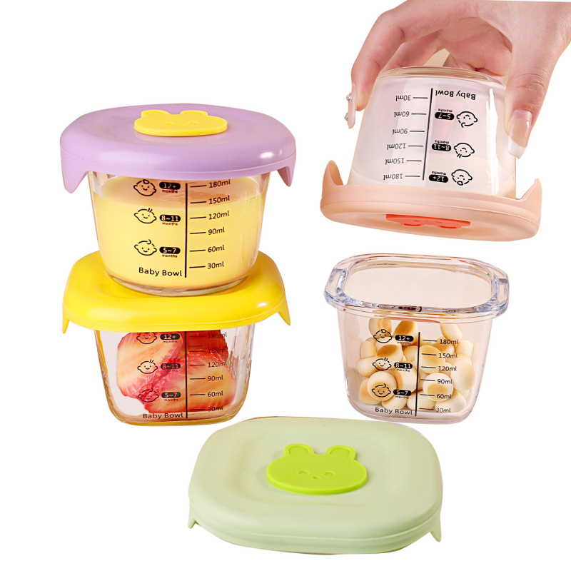 Купа за бебешко хранене със скала, стъклен съд за съхранение на храна, термоустойчива, подходяща за пара и микровълнова, с капак, капацитет под 300 мл