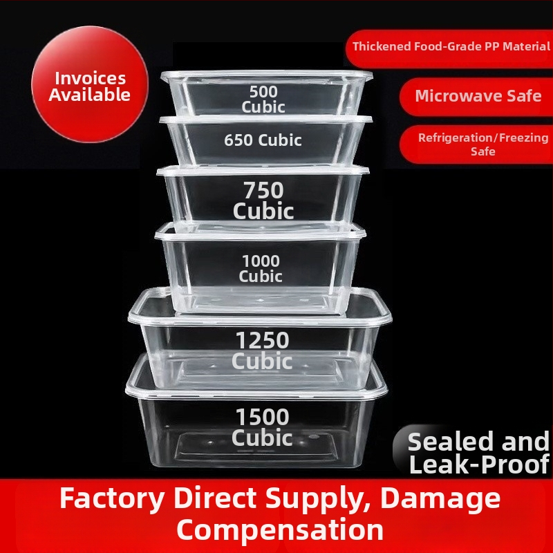 Jednorazová obdĺžniková krabička na obed s viečkom, priehľadná, 1000 ml, PP plast, vhodná do mikrovlnky