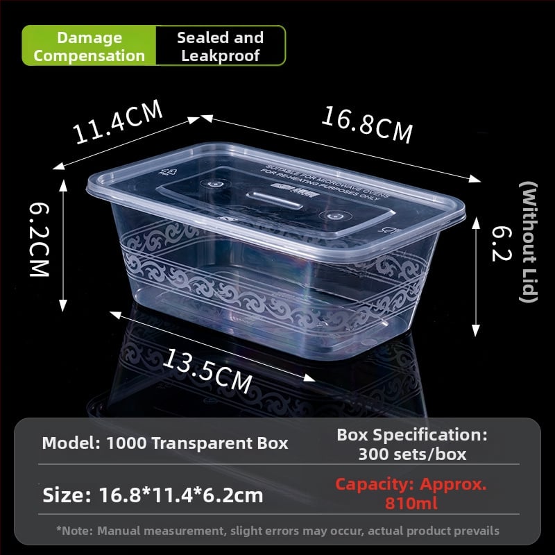 Jednorazová obdĺžniková krabička na obed s viečkom, priehľadná, 1000 ml, PP plast, vhodná do mikrovlnky