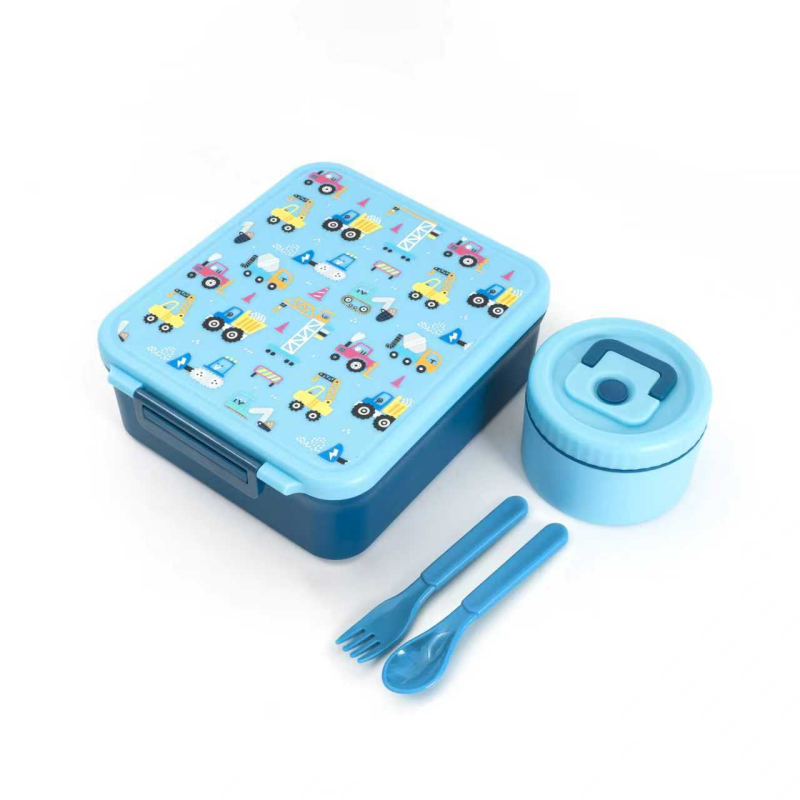 Детска правоъгълна разделена кутия за обяд с чашка за супа и прибори (вилица и лъжица), хранителен клас PP, 501–800 ml, подходяща за микровълнова