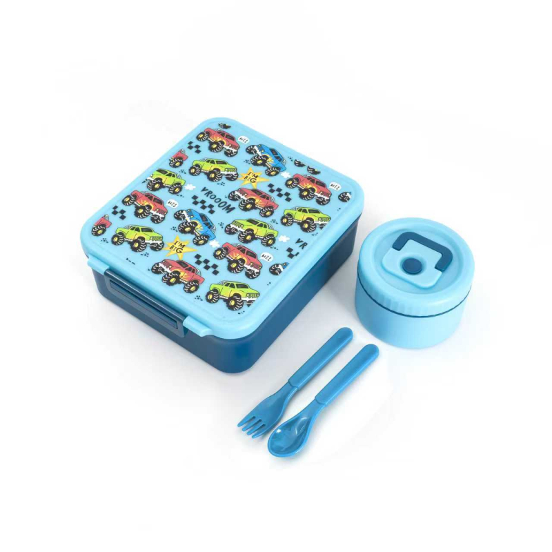 Детска правоъгълна разделена кутия за обяд с чашка за супа и прибори (вилица и лъжица), хранителен клас PP, 501–800 ml, подходяща за микровълнова