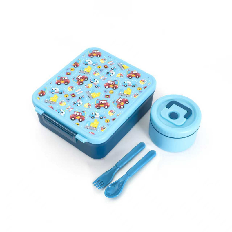 Детска правоъгълна разделена кутия за обяд с чашка за супа и прибори (вилица и лъжица), хранителен клас PP, 501–800 ml, подходяща за микровълнова
