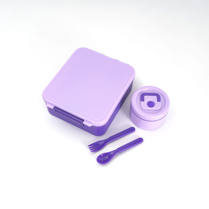 Детска правоъгълна разделена кутия за обяд с чашка за супа и прибори (вилица и лъжица), хранителен клас PP, 501–800 ml, подходяща за микровълнова