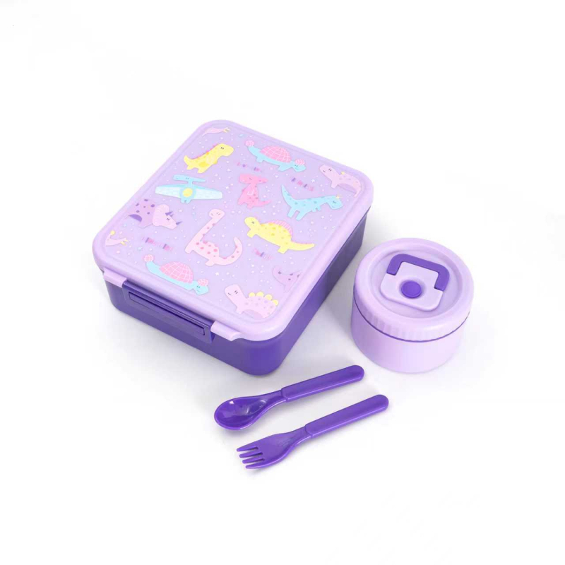 Детска правоъгълна разделена кутия за обяд с чашка за супа и прибори (вилица и лъжица), хранителен клас PP, 501–800 ml, подходяща за микровълнова