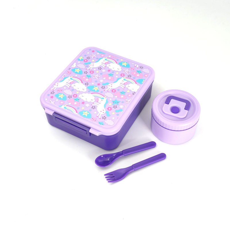 Детска правоъгълна разделена кутия за обяд с чашка за супа и прибори (вилица и лъжица), хранителен клас PP, 501–800 ml, подходяща за микровълнова