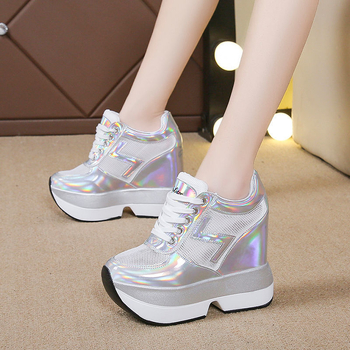 Proljeće/jesen/zima 2024. Visoke potpetice u korejskom stilu s 12 cm skrivene klinaste pete, ženske cipele s debelim potplatom i vezicama, ležerne sportske cipele od mrežaste tkanine