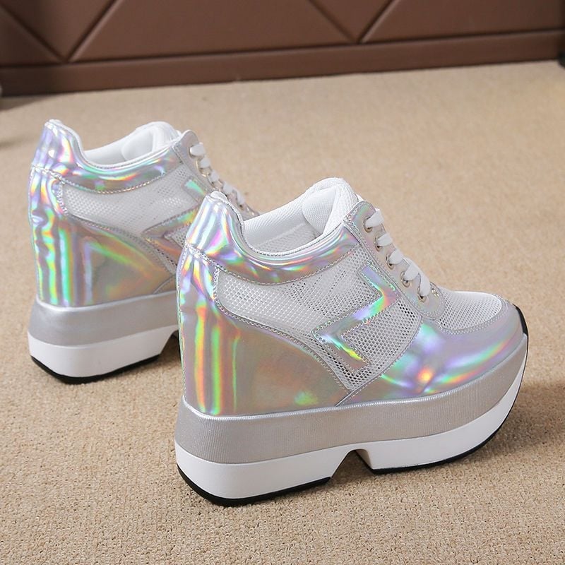 Proljeće/jesen/zima 2024. Visoke potpetice u korejskom stilu s 12 cm skrivene klinaste pete, ženske cipele s debelim potplatom i vezicama, ležerne sportske cipele od mrežaste tkanine