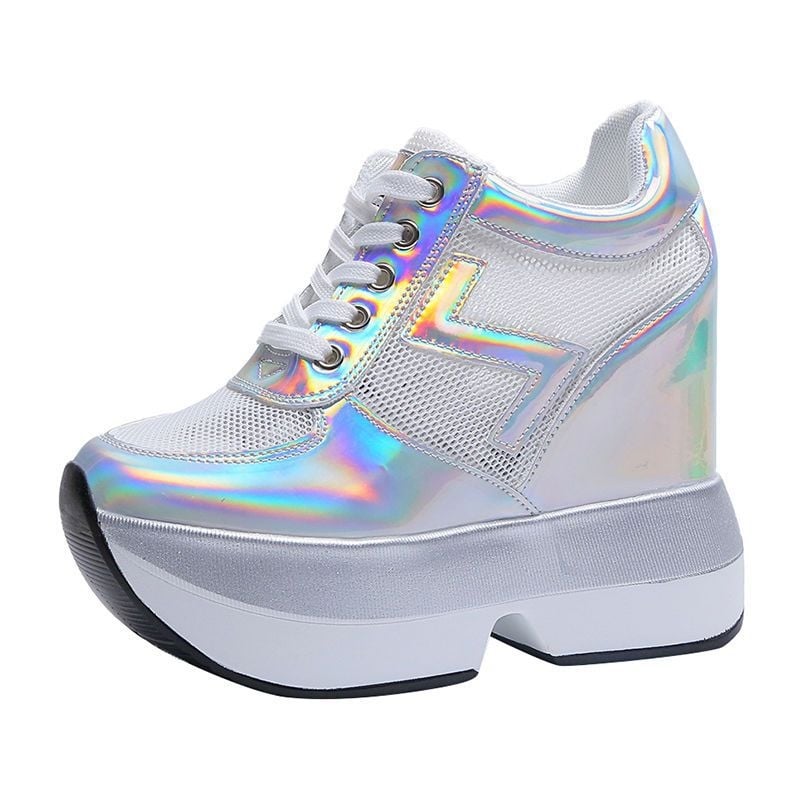 Proljeće/jesen/zima 2024. Visoke potpetice u korejskom stilu s 12 cm skrivene klinaste pete, ženske cipele s debelim potplatom i vezicama, ležerne sportske cipele od mrežaste tkanine