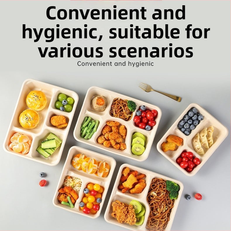 Cutie de prânz biodegradabilă, cu mai multe compartimente din pulpă de trestie de zahăr (3/4/5 compartimente), compatibilă cu cuptorul cu microunde, 25 buc./pachet