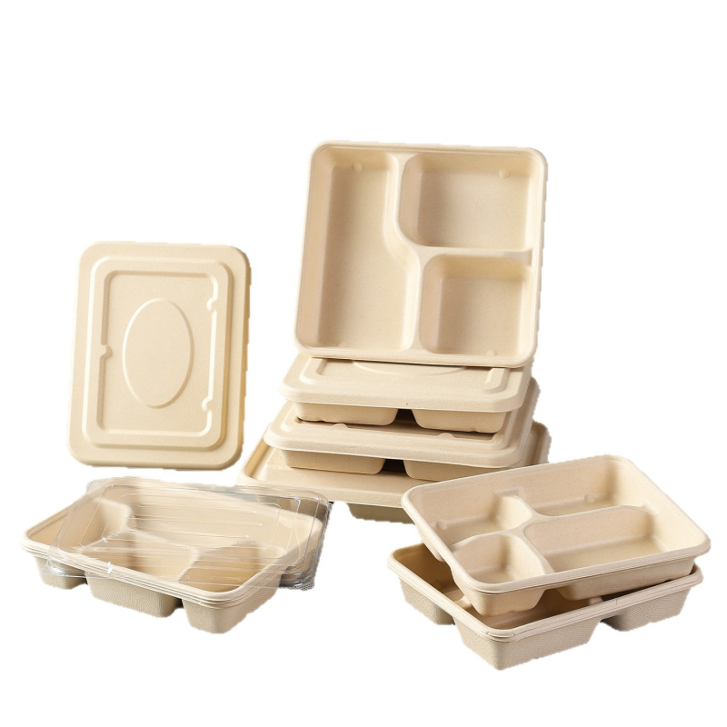 Cutie de prânz biodegradabilă, cu mai multe compartimente din pulpă de trestie de zahăr (3/4/5 compartimente), compatibilă cu cuptorul cu microunde, 25 buc./pachet
